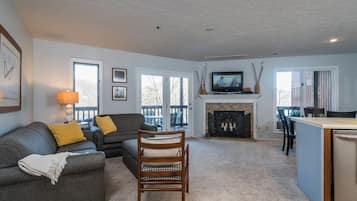 Televisión, chimenea y libros