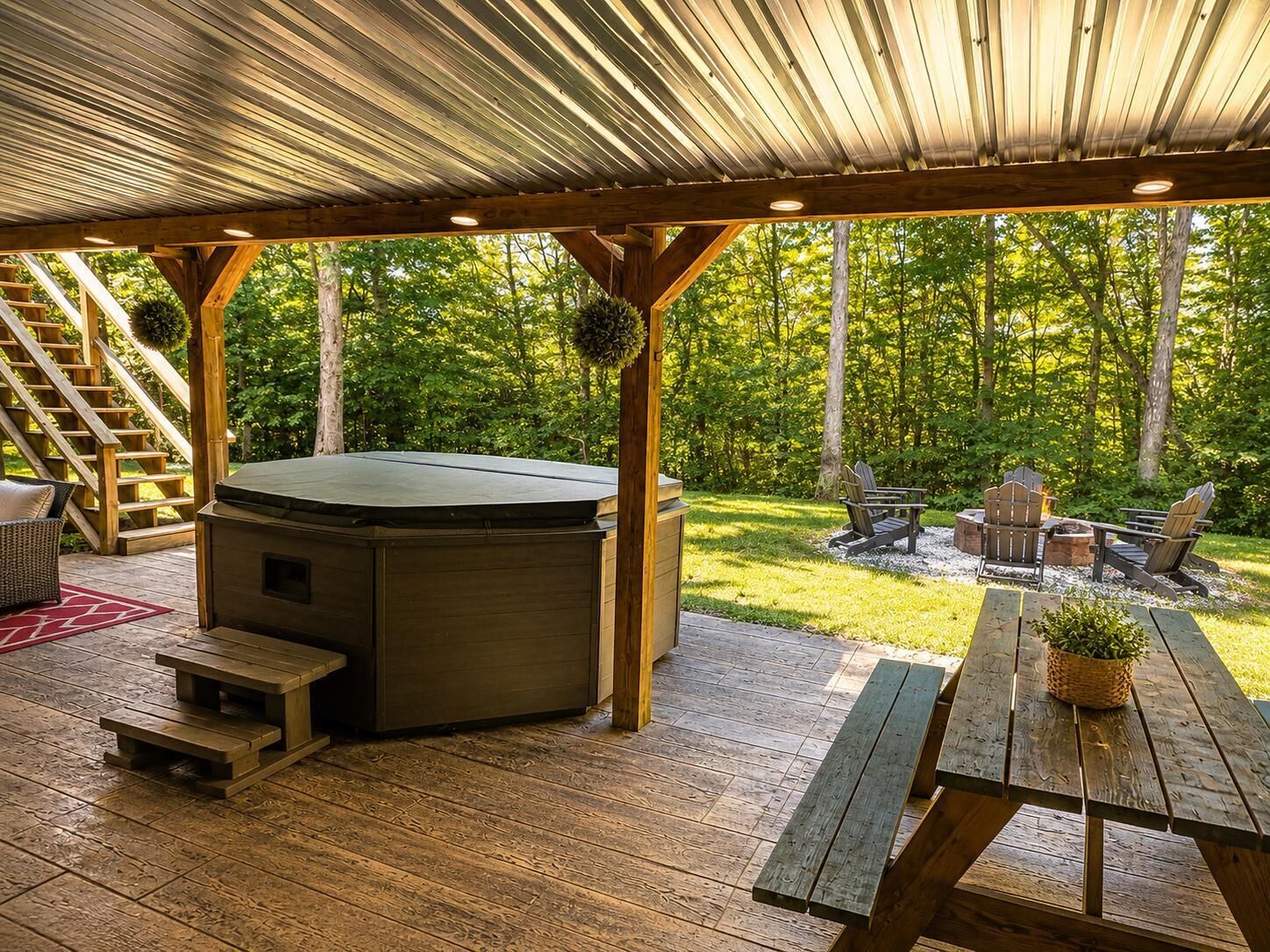 A covered outdoor area with a hot tub, wooden deck, and outdoor seating.