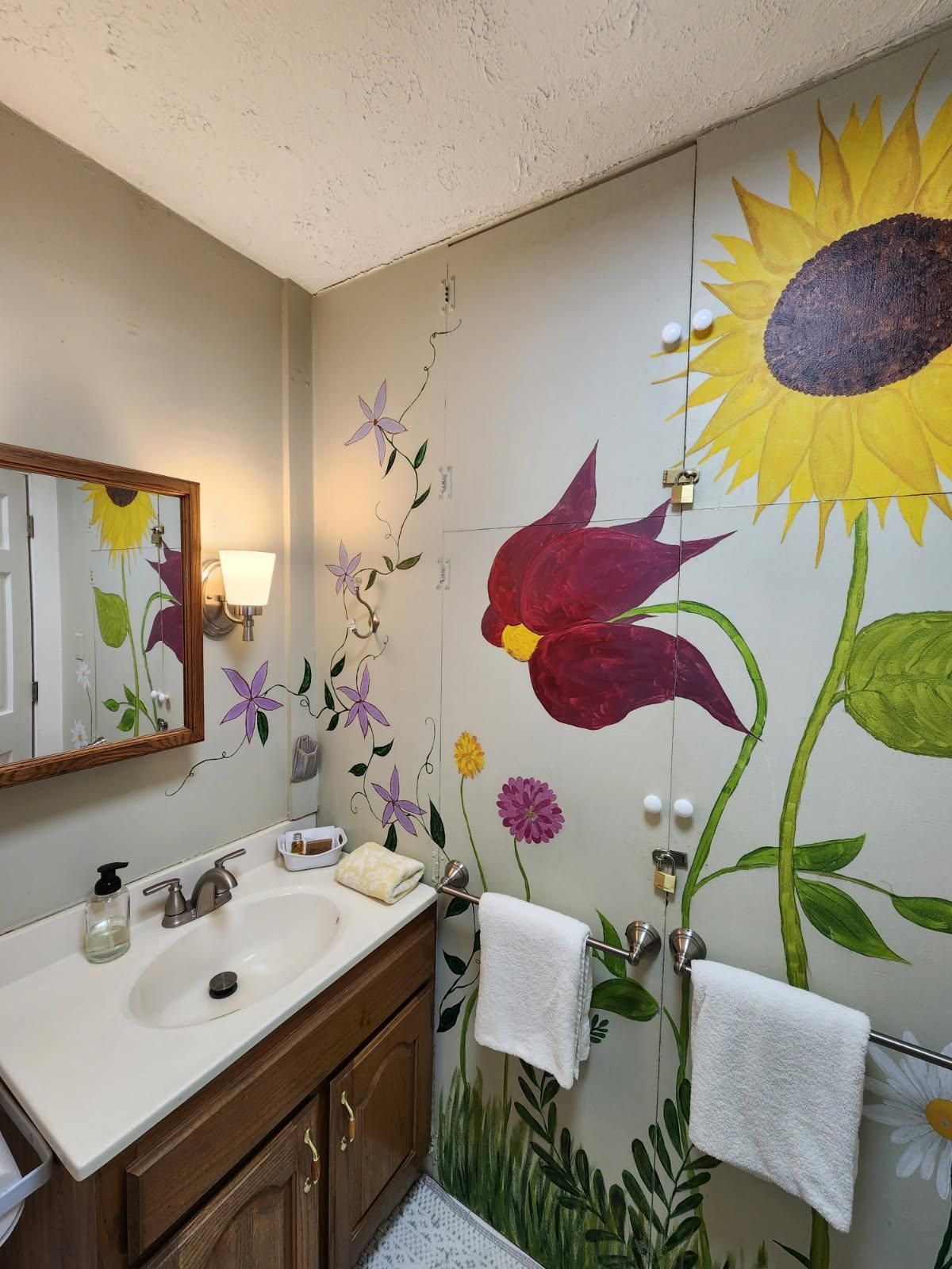 Hair dryer, towels, soap, shampoo