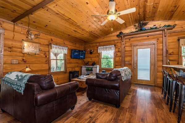 Smart TV, fireplace, video games, DVD player