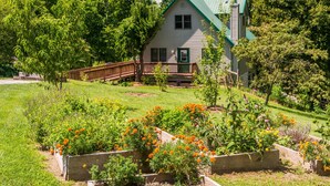 A house with a green roof, surrounded by a garden with marigold flowers, and a wooden deck. - Private Chalet Near State Forest | Game Room, Fire Pit & Views (Unionville)