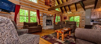 Dog-Friendly Log Cabin | Hot Tub, Game Room & Fireplace 4BR, 3BA
