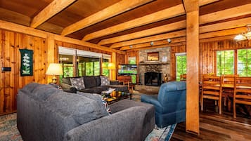 Télévision, cheminée, lecteur de DVD, livres