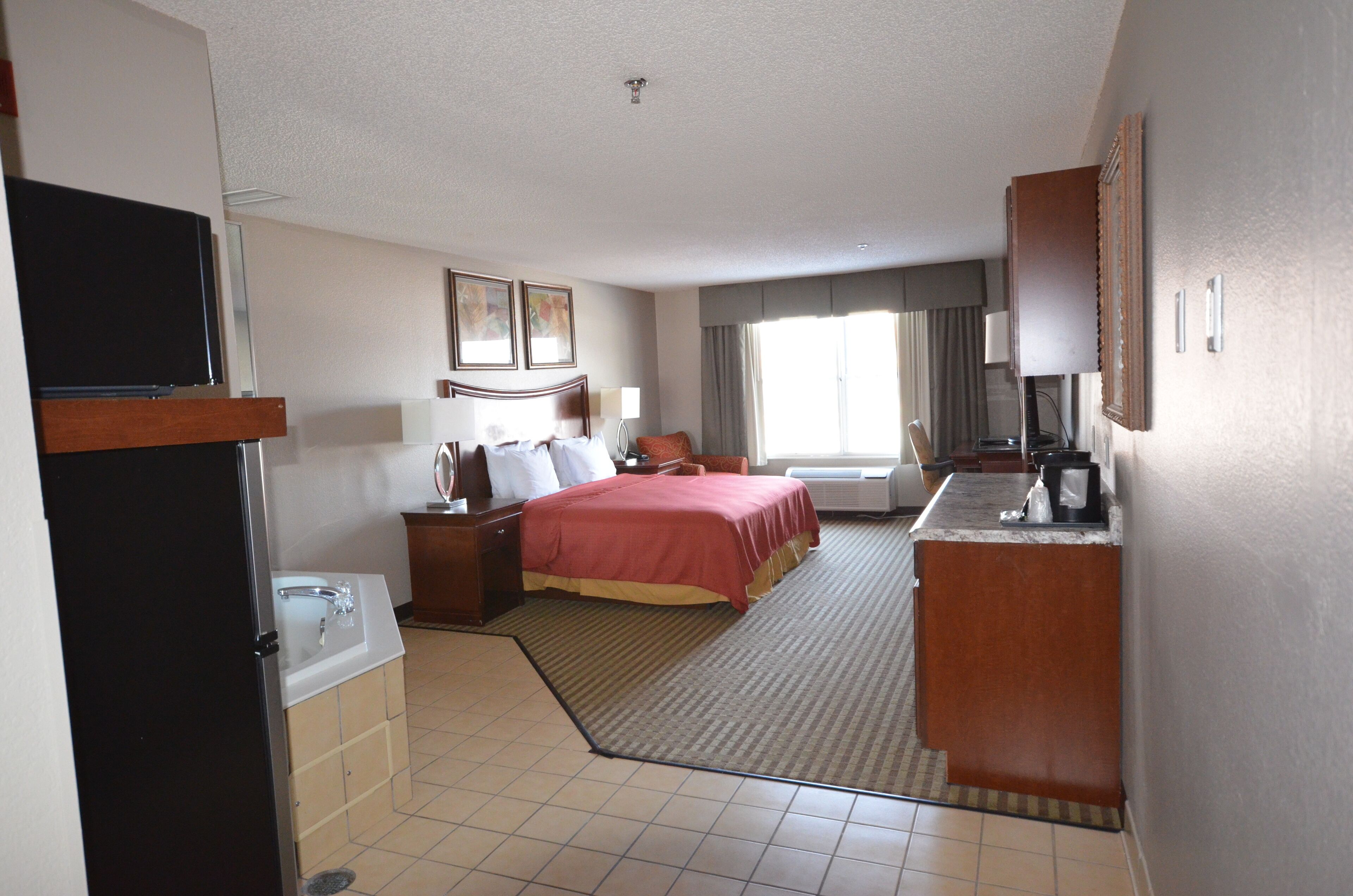 A hotel room with a bed, a desk, a sink, and a television.