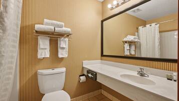 A bathroom with a toilet, sink, and mirror. There are towels hanging on a rack and a shower curtain.