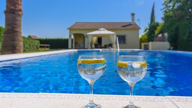 A swimming pool with two glasses of water and lemon slices on the edge. - Noa de Marchena by Ruralidays (Seville)
