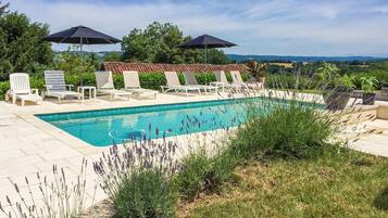 A rectangular swimming pool with white lounge chairs and umbrellas, surrounded by lavender plants and a view of distant hills.