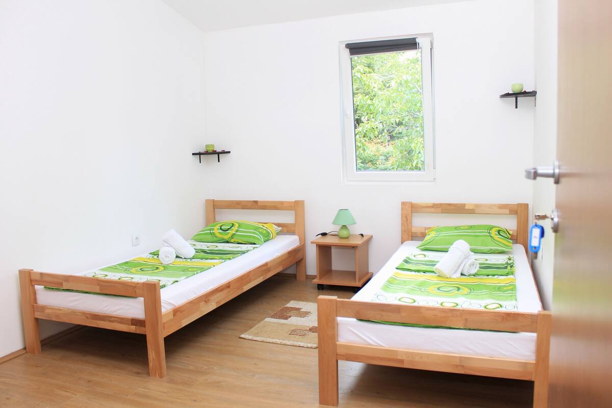 A room with two wooden beds, a window with a view of greenery, a small nightstand with a lamp, and a wall-mounted shelf with a green apple.