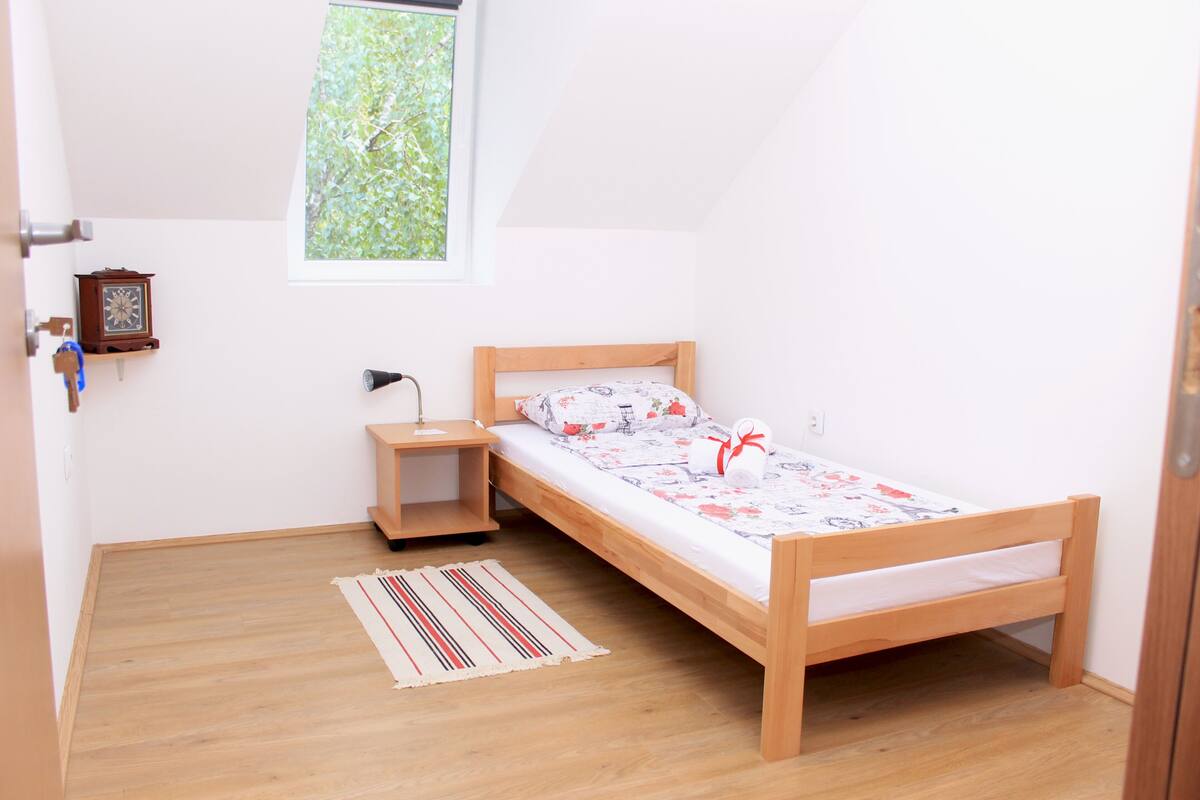 A small, single-bed room with a wooden frame, a nightstand, a lamp, a clock, and a window with a view of greenery.