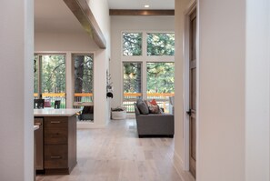 Smart TV, fireplace, books