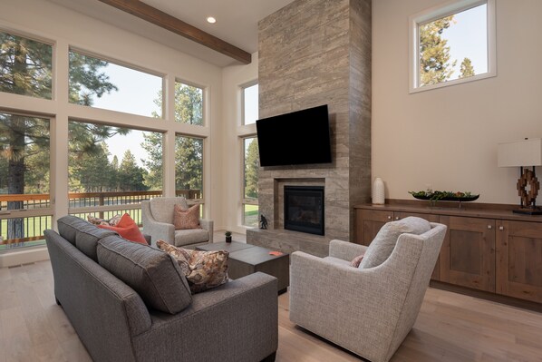 Smart TV, fireplace, books