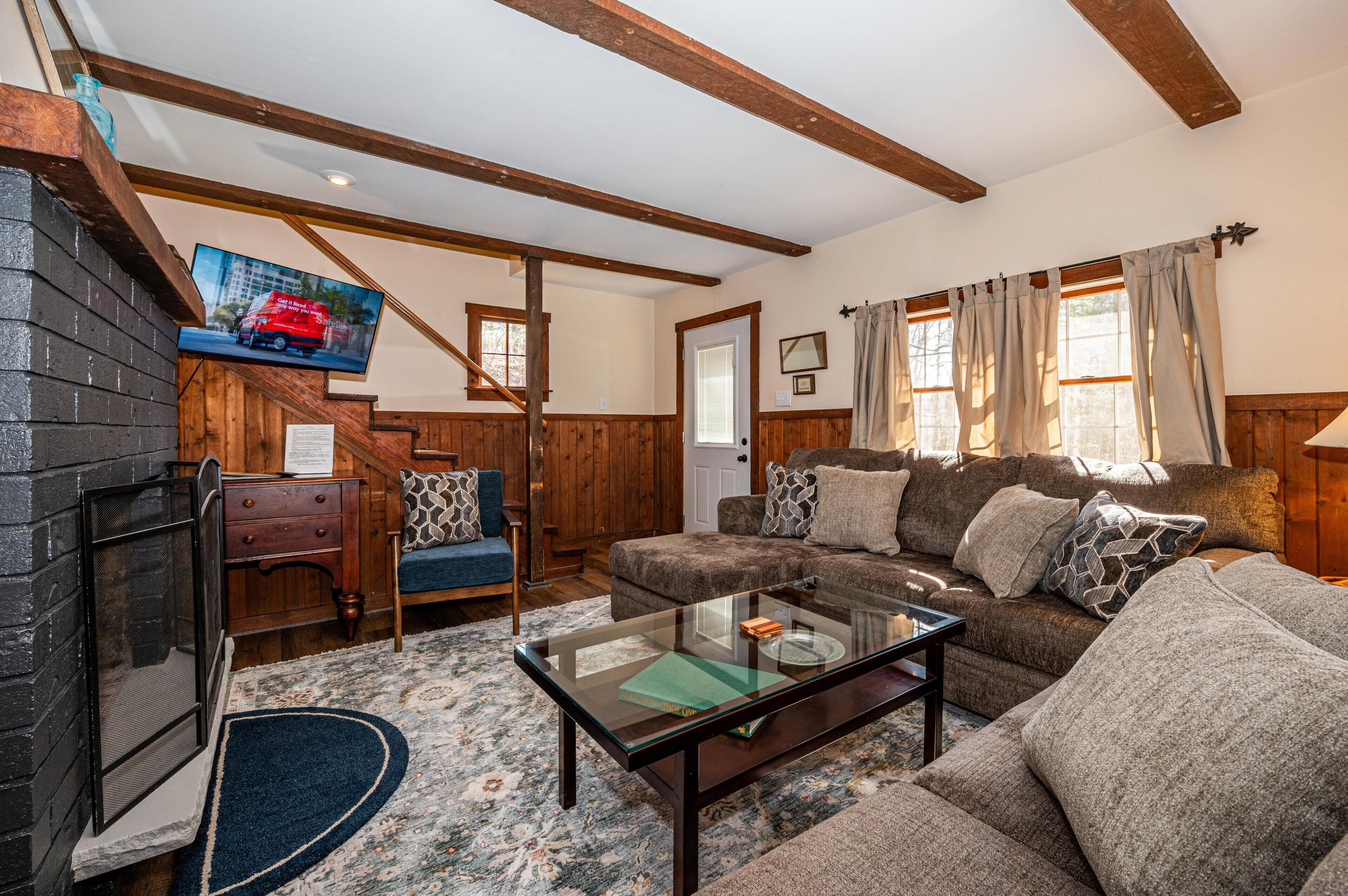 Télévision, cheminée, lecteur de DVD, livres