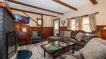 Télévision, cheminée, lecteur de DVD, livres