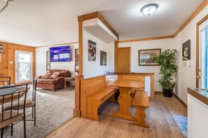 TV, fireplace, books