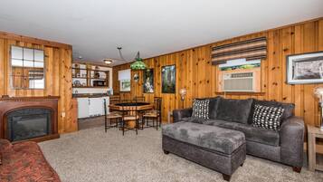 Télévision, cheminée, livres