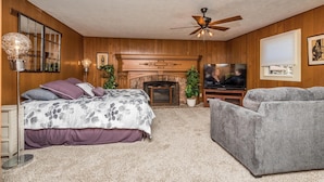 Ein Schlafzimmer mit einem Bett, einem grauen Sofa, einem Kamin und einem Fernseher.