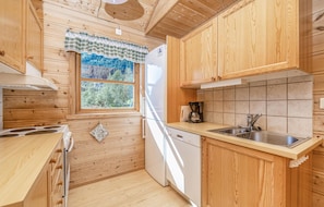 Fridge, stovetop, dishwasher, coffee/tea maker