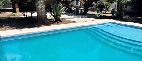 A swimming pool with a tiled edge, surrounded by trees and a patio area.