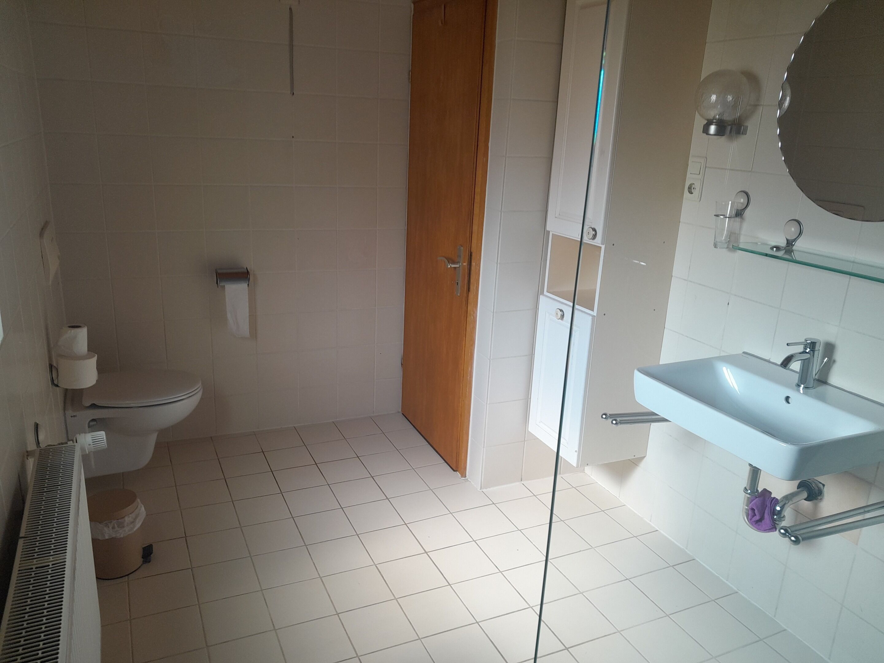 A bathroom with a toilet, a sink, and a glass shower enclosure.