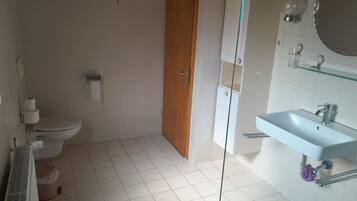 A bathroom with a toilet, a sink, and a glass shower enclosure.