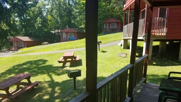 A covered outdoor area with picnic tables and a mailbox. - The Gold Eagle Cabin (Lake George)