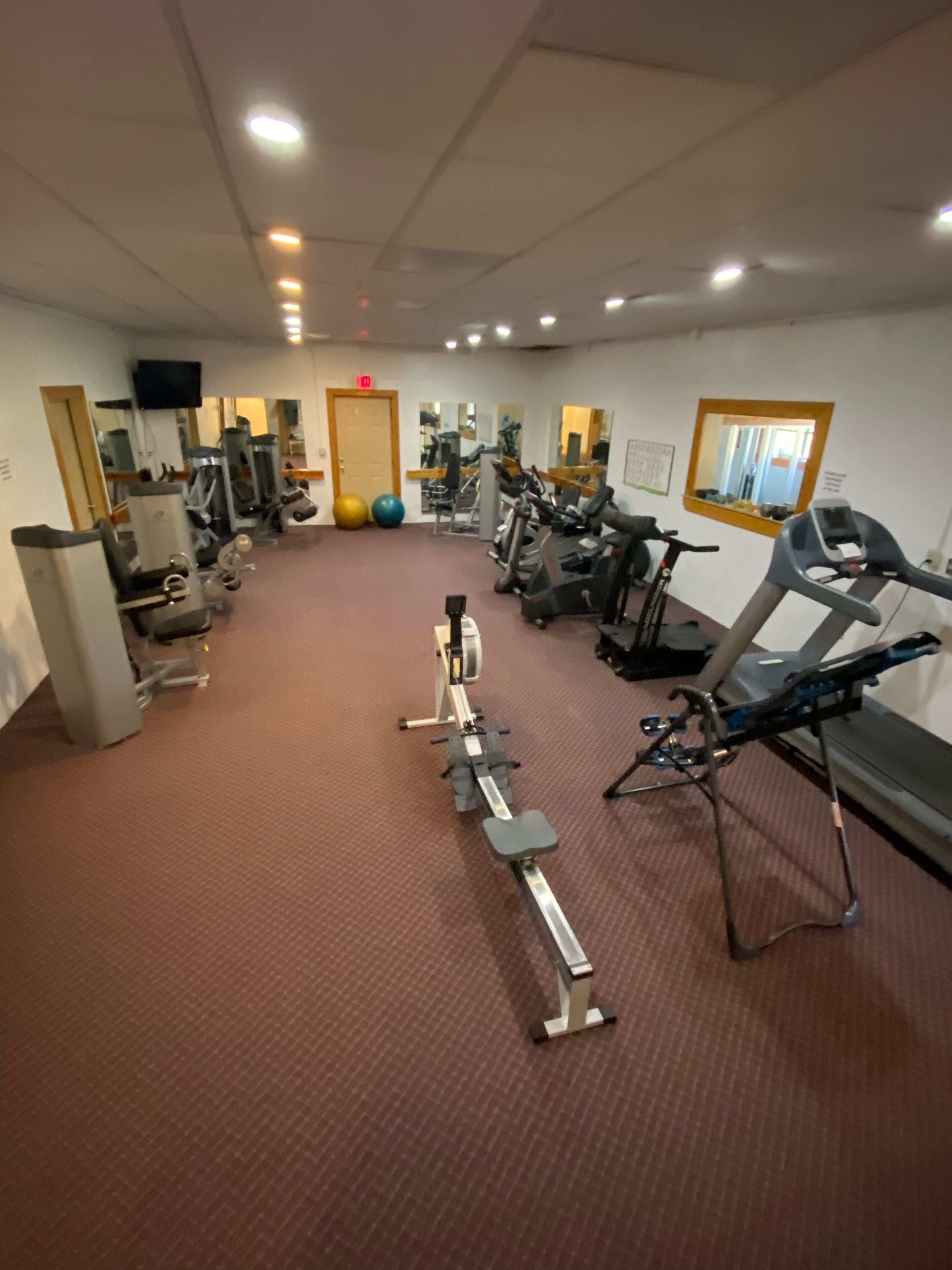 Un gimnasio con diversos equipos de ejercicio, incluyendo cintas de correr y máquinas de pesas, dispuesto en una sala amplia con alfombra roja.