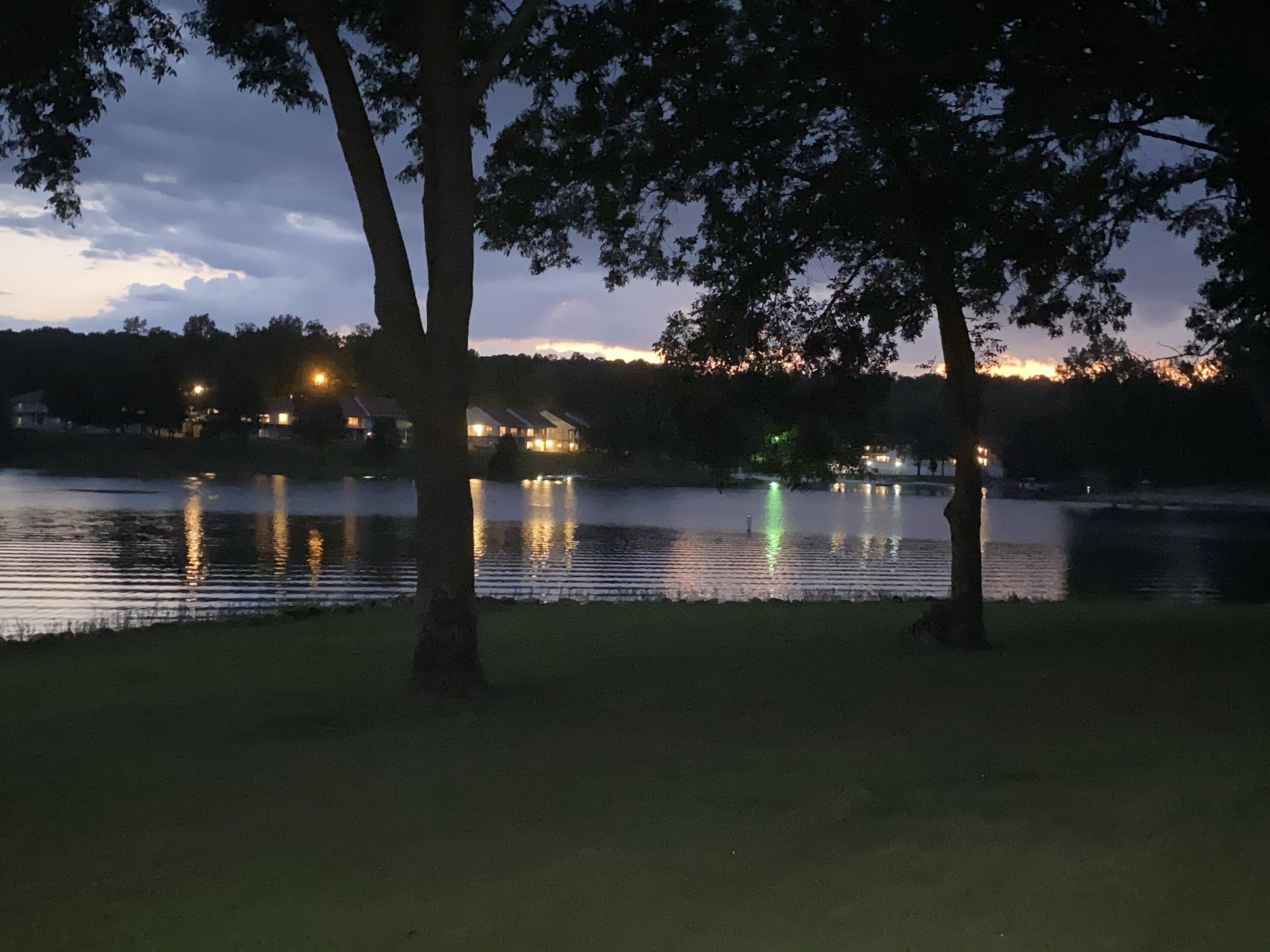 A lakeside view with trees, a calm water surface reflecting lights, and distant buildings.