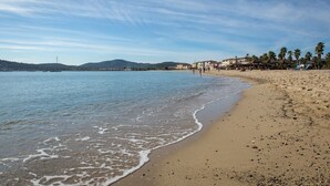 Une plage avec un ciel dégagé, une mer calme et des bâtiments en arrière-plan.