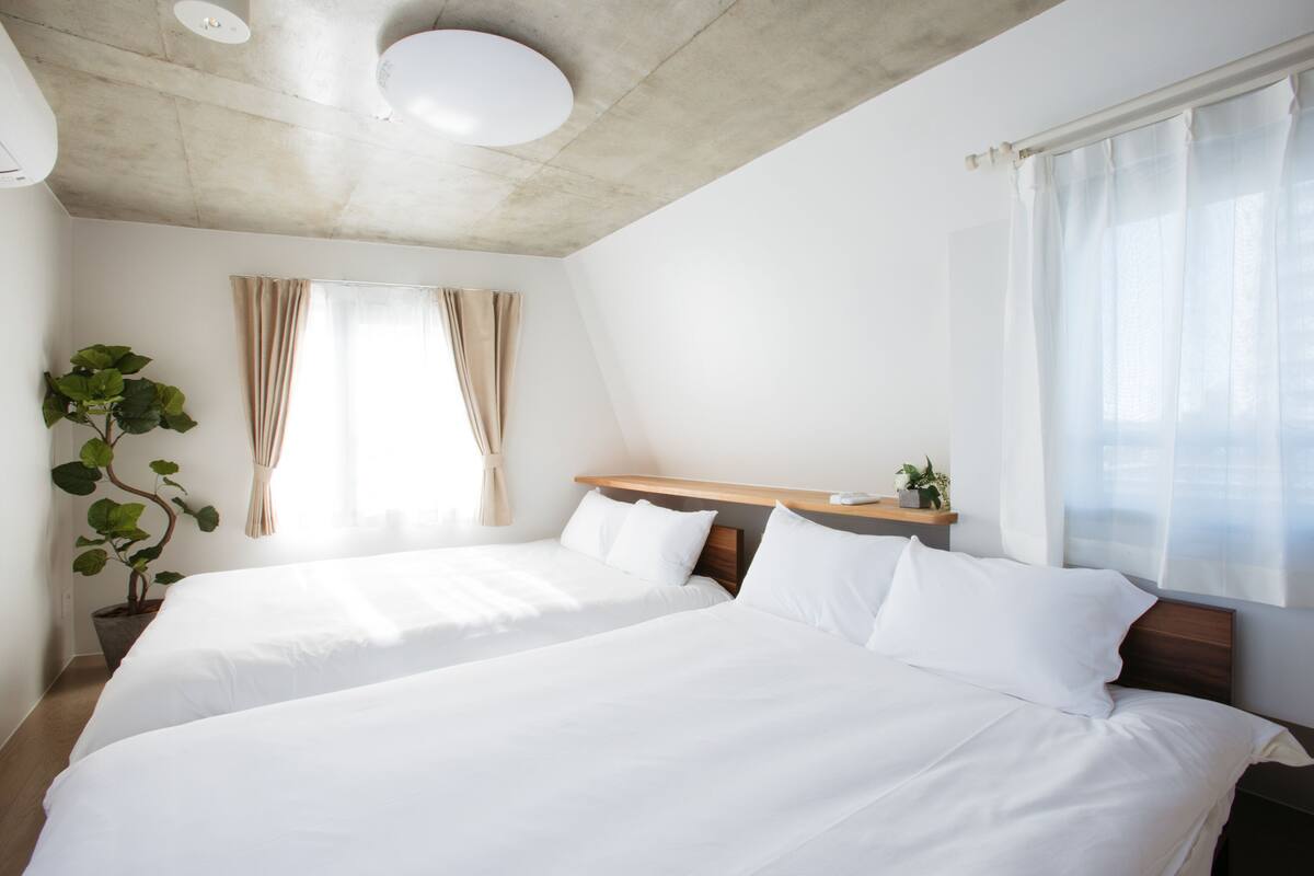 A hotel room with two beds, a potted plant, a wooden headboard, and a window with sheer curtains.