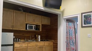 A compact kitchen with wooden cabinets, a microwave, and a small refrigerator. - MaryBo - Back Yard Oasis Studio (Nassau)