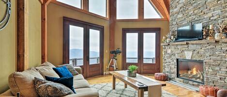 TV, fireplace, DVD player, books