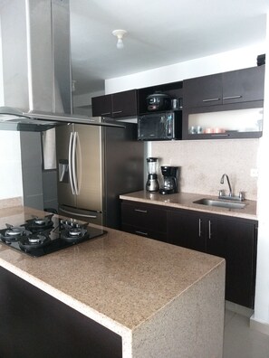 Microwave, dishwasher, coffee/tea maker, cookware/dishes/utensils