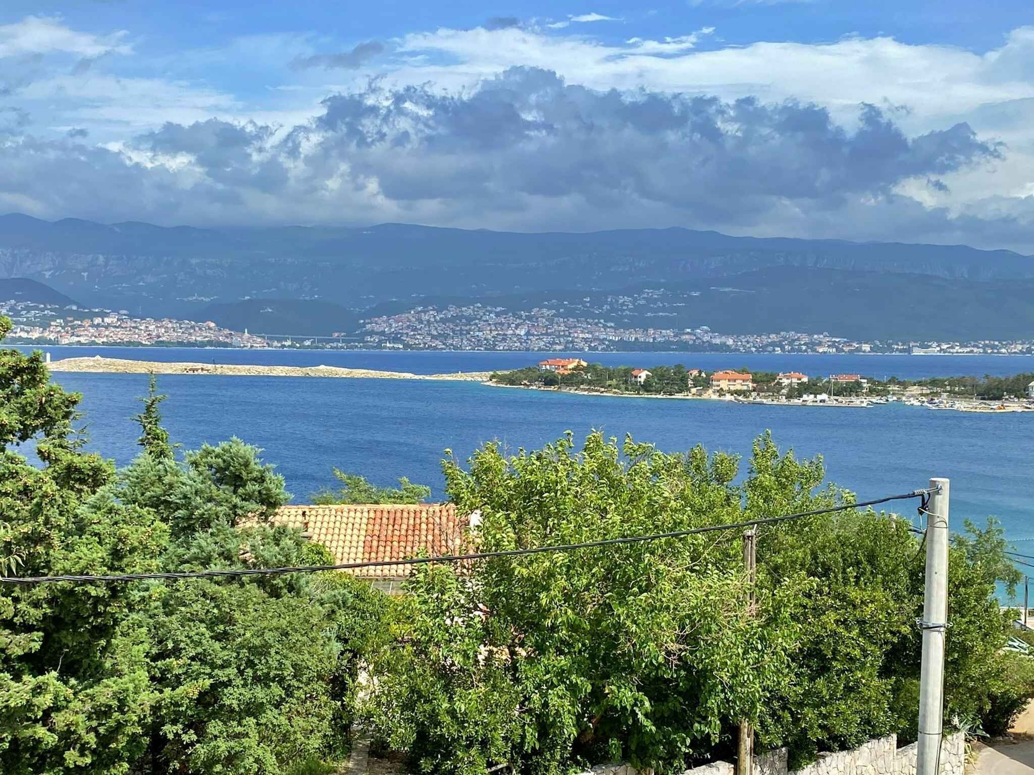 A coastal view with a clear sky, a body of water, and distant buildings.