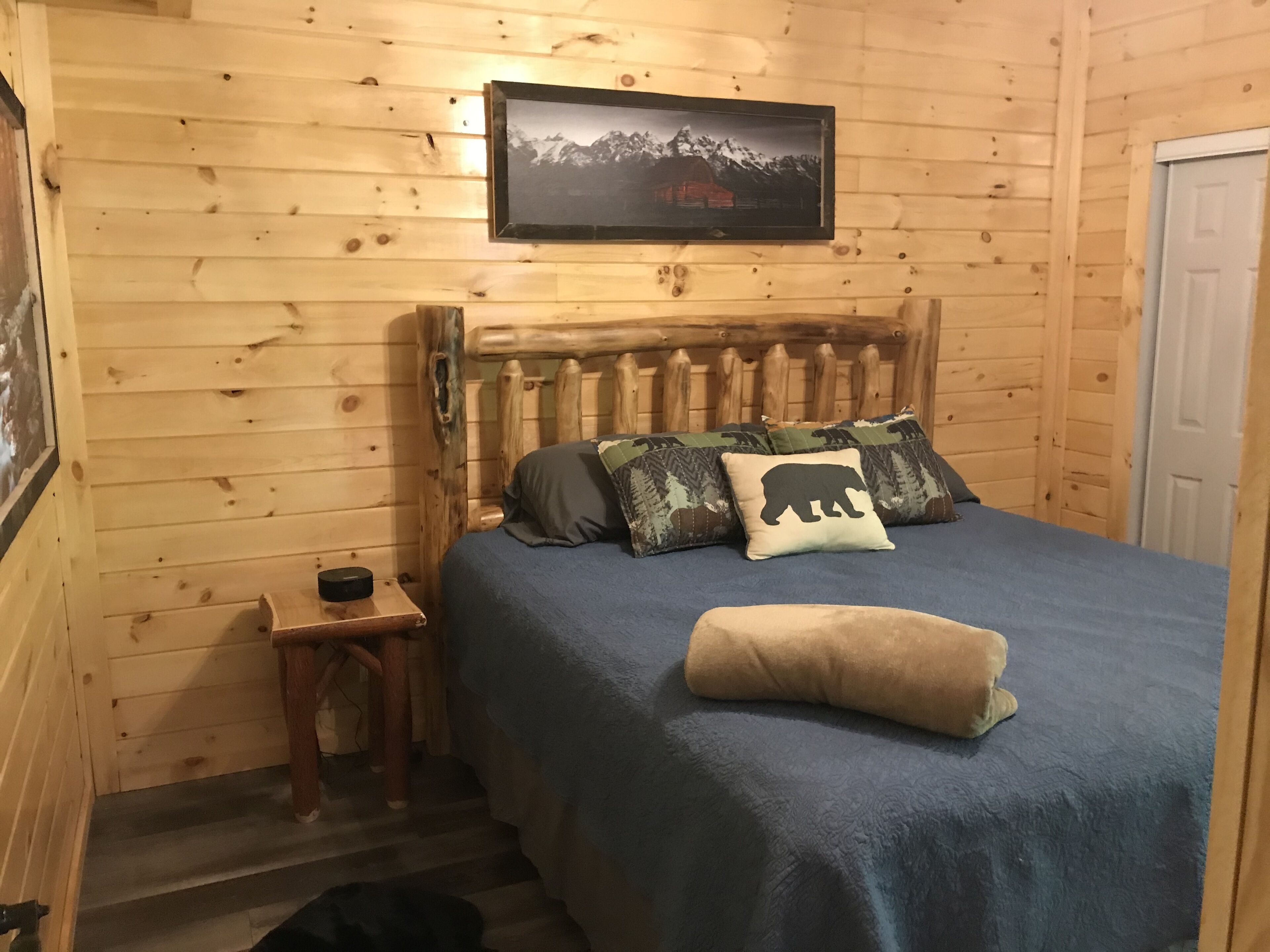 Camera da letto in una baita di legno, con un letto, cuscini, un comodino e un quadro appeso al muro, oltre a una porta.