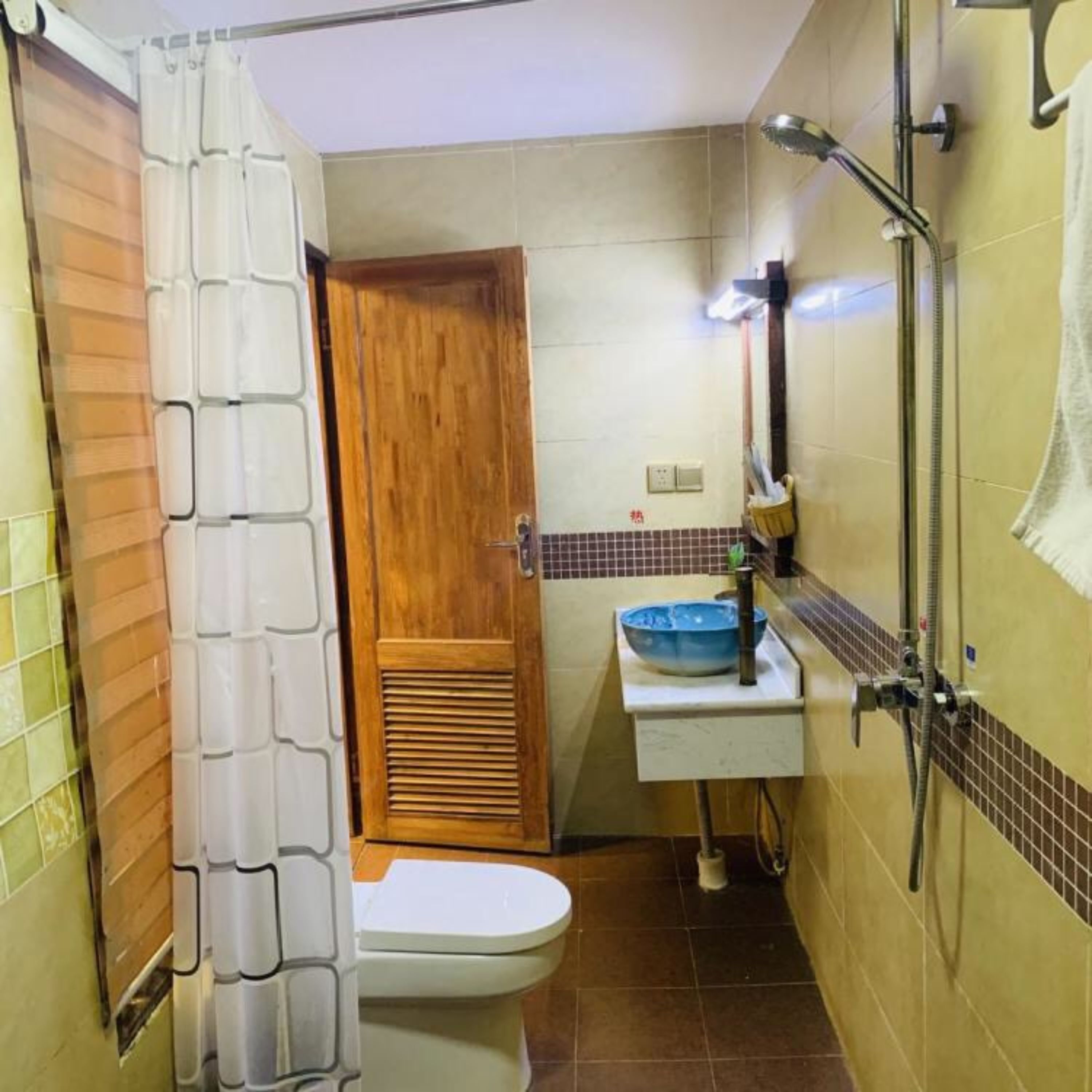 A compact bathroom with a toilet, a wooden door, a sink with a blue basin, and a shower area.