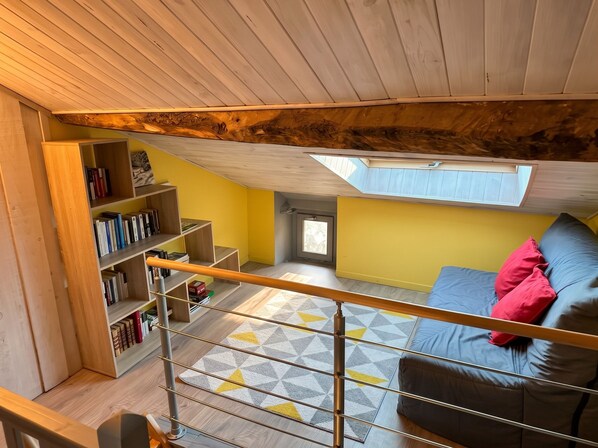 A loft bedroom with a skylight, a bookshelf, a sofa, and a patterned rug.