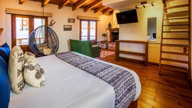 Un dormitorio acogedor con cama, una silla colgante y chimenea.