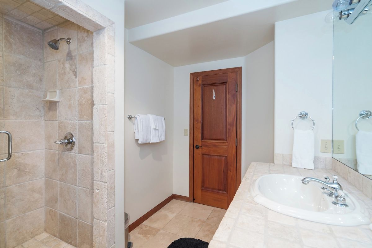 A bathroom with a shower, a wooden door, a sink, and a mirror.