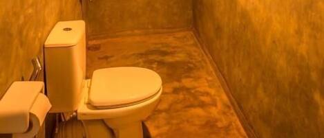 A small, narrow bathroom with a toilet, shower, and a small window.