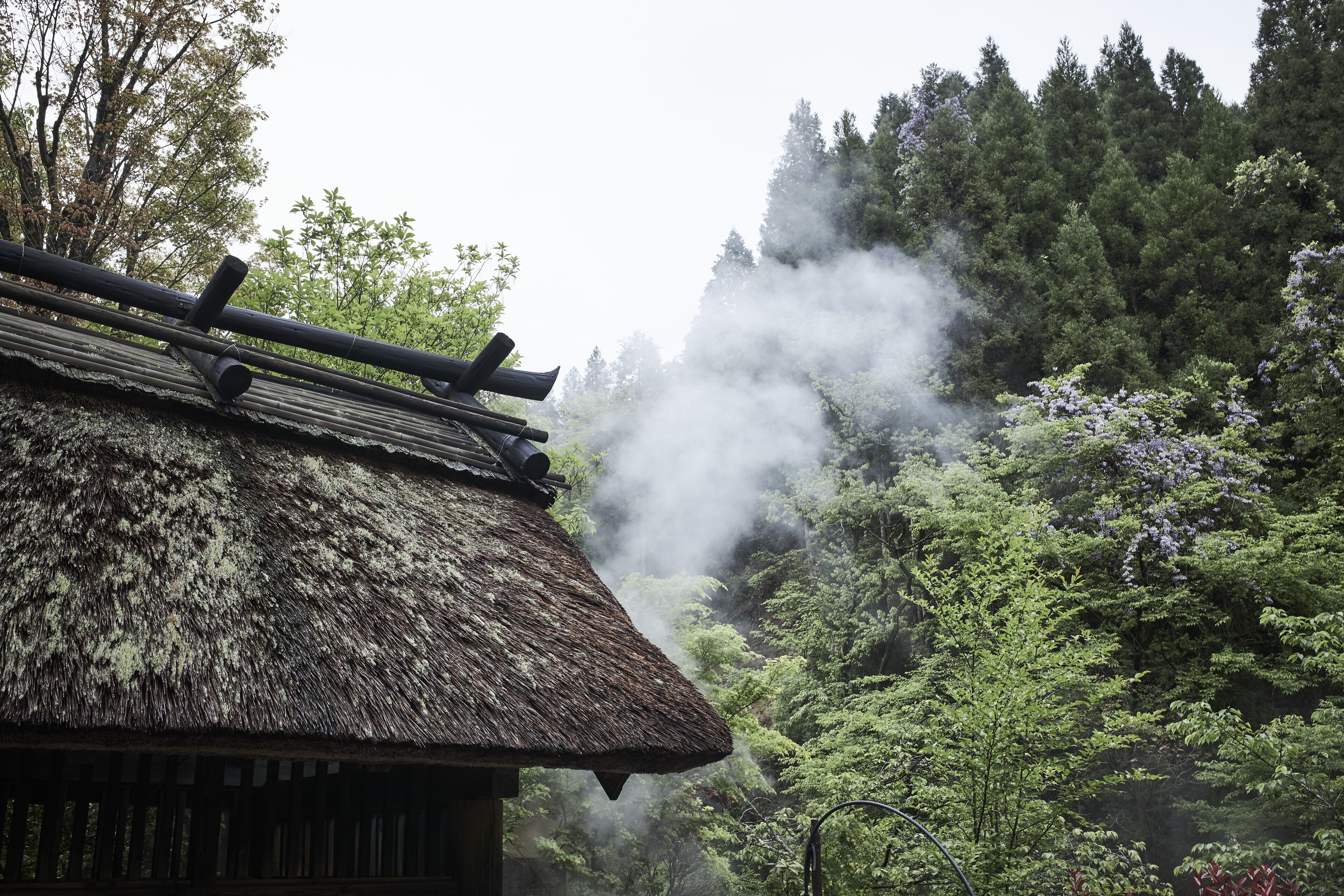 A traditional thatched-roof structure with a wooden beam extending from the roof, surrounded by lush greenery and mist.