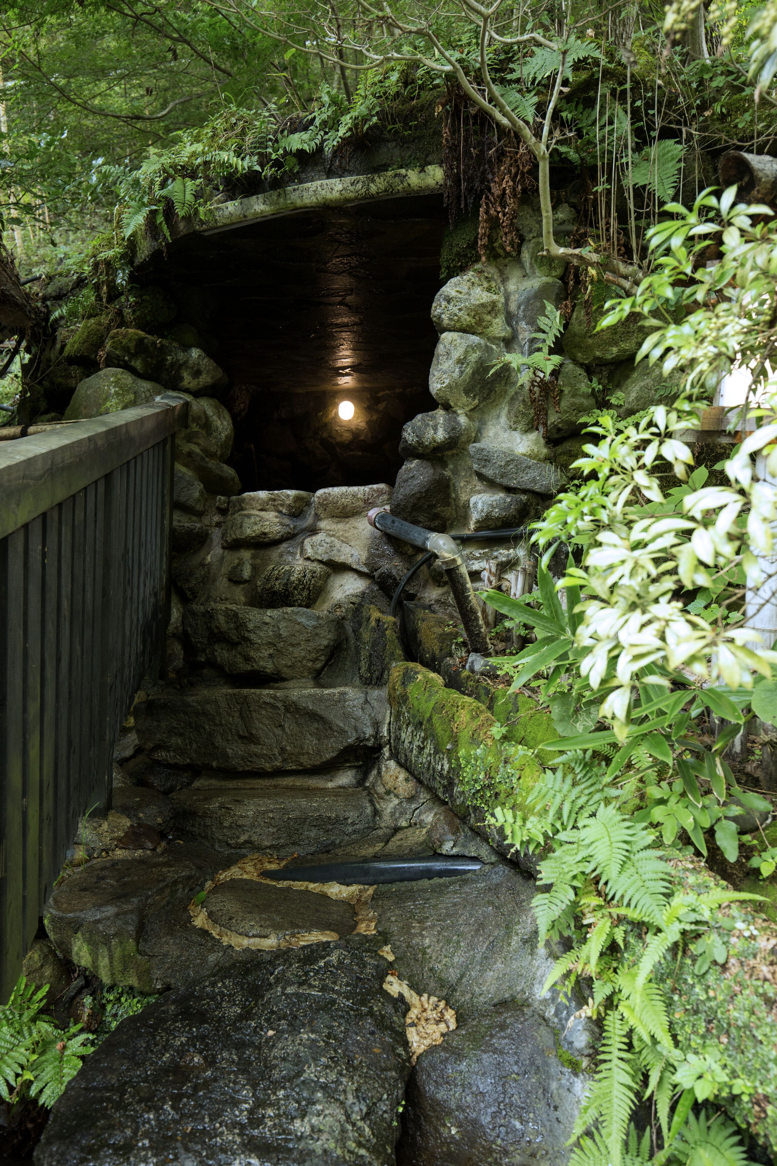 A stone staircase leading to a tunnel, surrounded by lush greenery and moss-covered rocks.