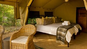 Een tent met een bed, twee rieten stoelen en een plafondventilator.