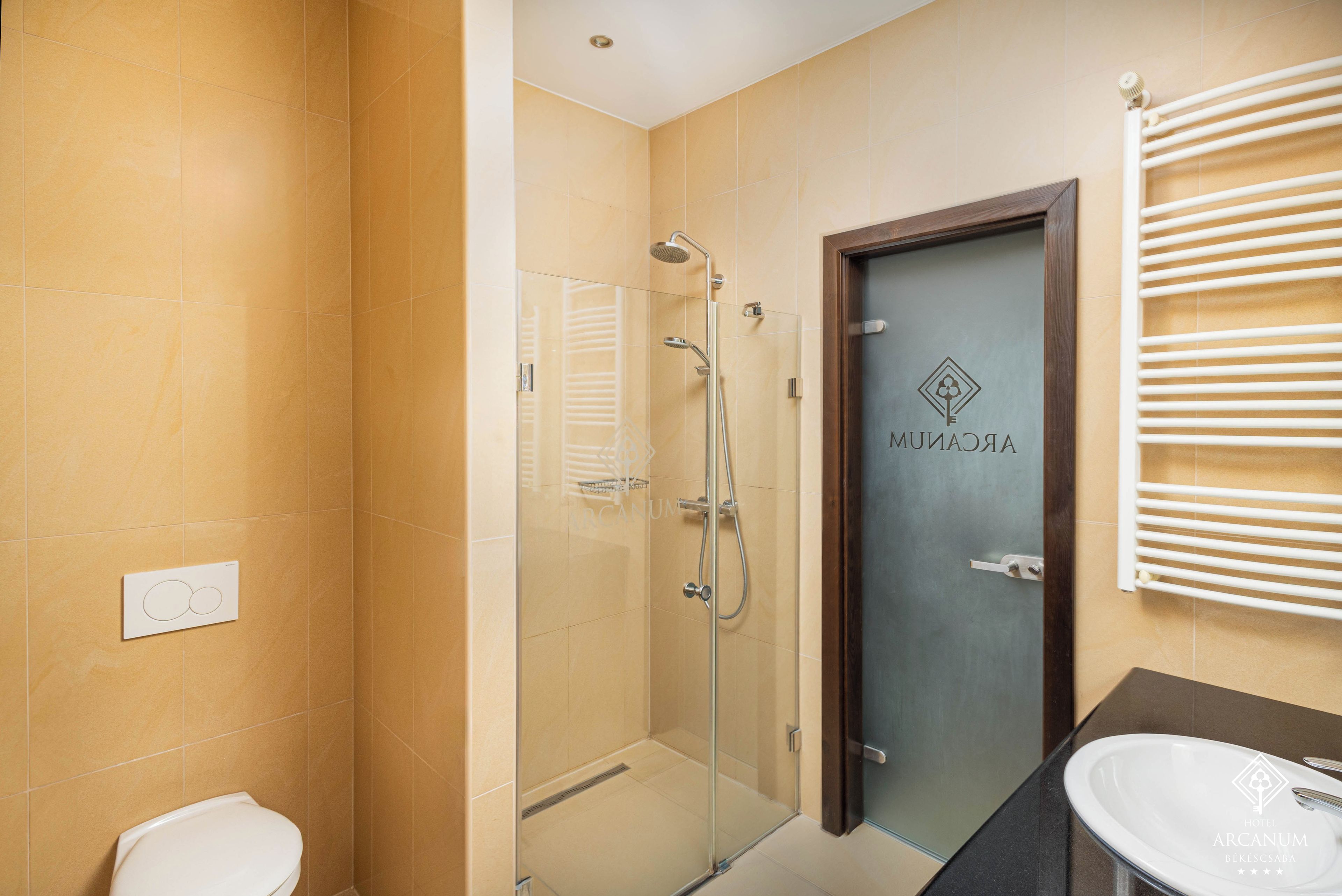 A modern bathroom with a glass-enclosed shower, a white toilet, and a sink with a mirror.
