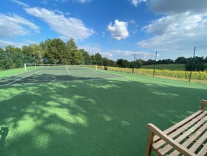 Een tennisbaan met een net, omringd door bomen en een hek.