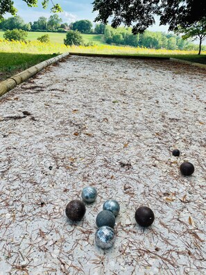 A croquet court with a netted boundary and a field of yellow flowers in the background.
