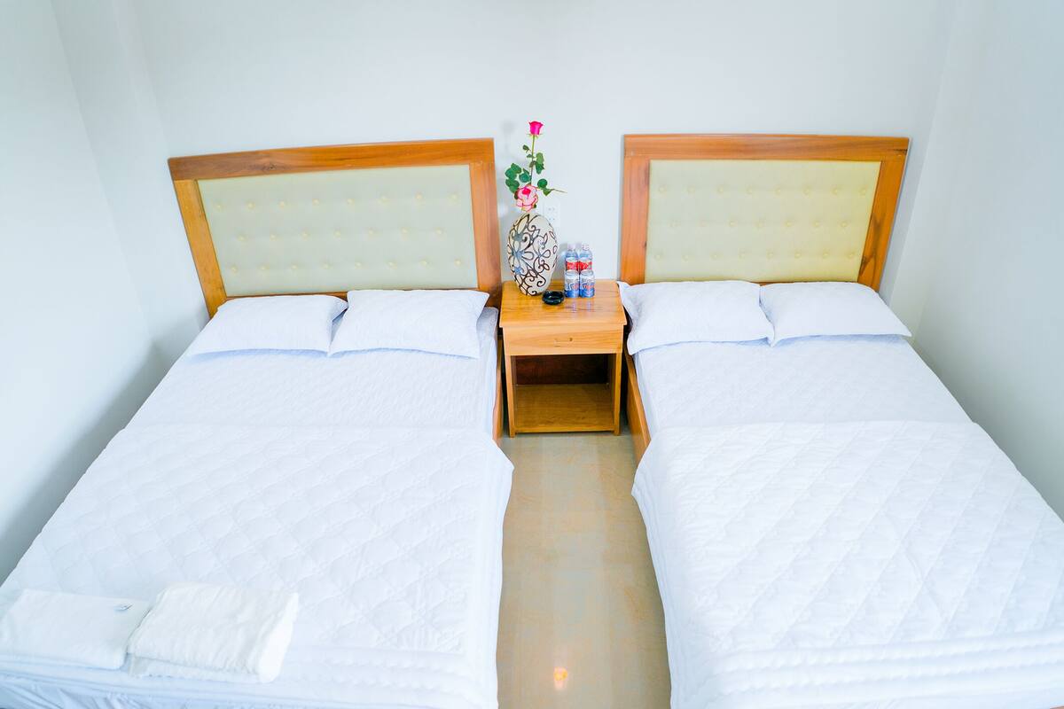 Habitación doble con dos camas, cada una con cabecero de madera, una mesita de noche con un florero y botellas, y un pequeño mueble de madera.