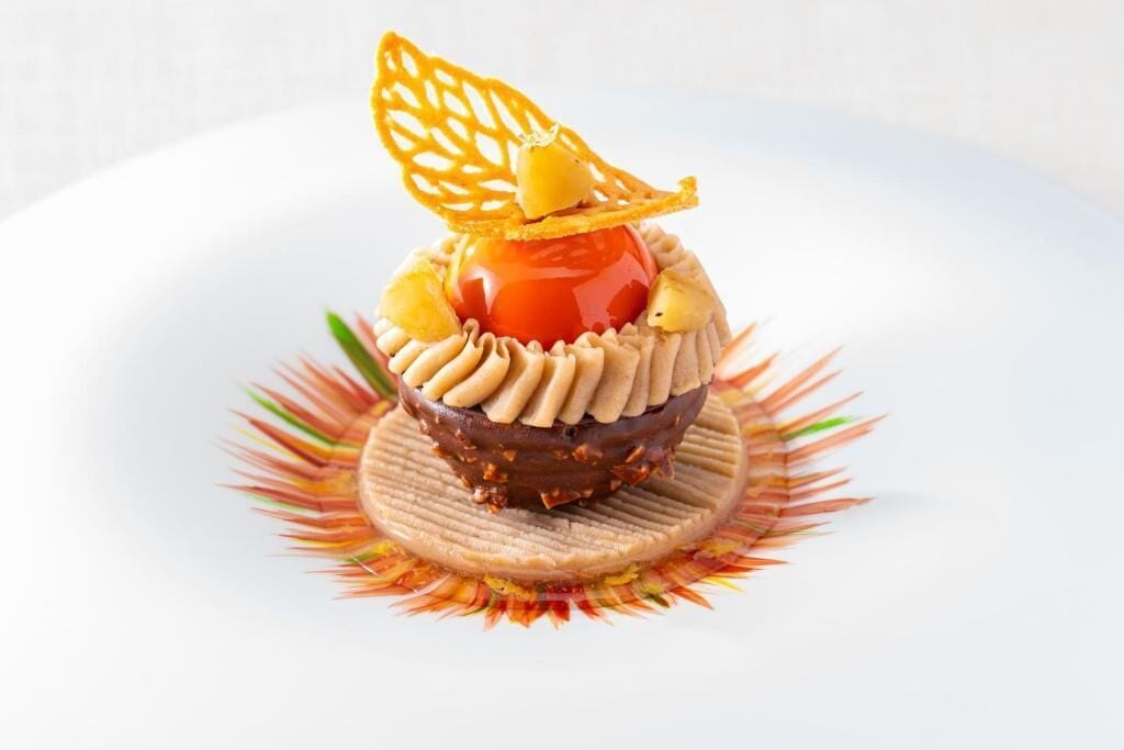 A dessert with a glossy red center, surrounded by a chocolate base, and garnished with a leaf-shaped piece.