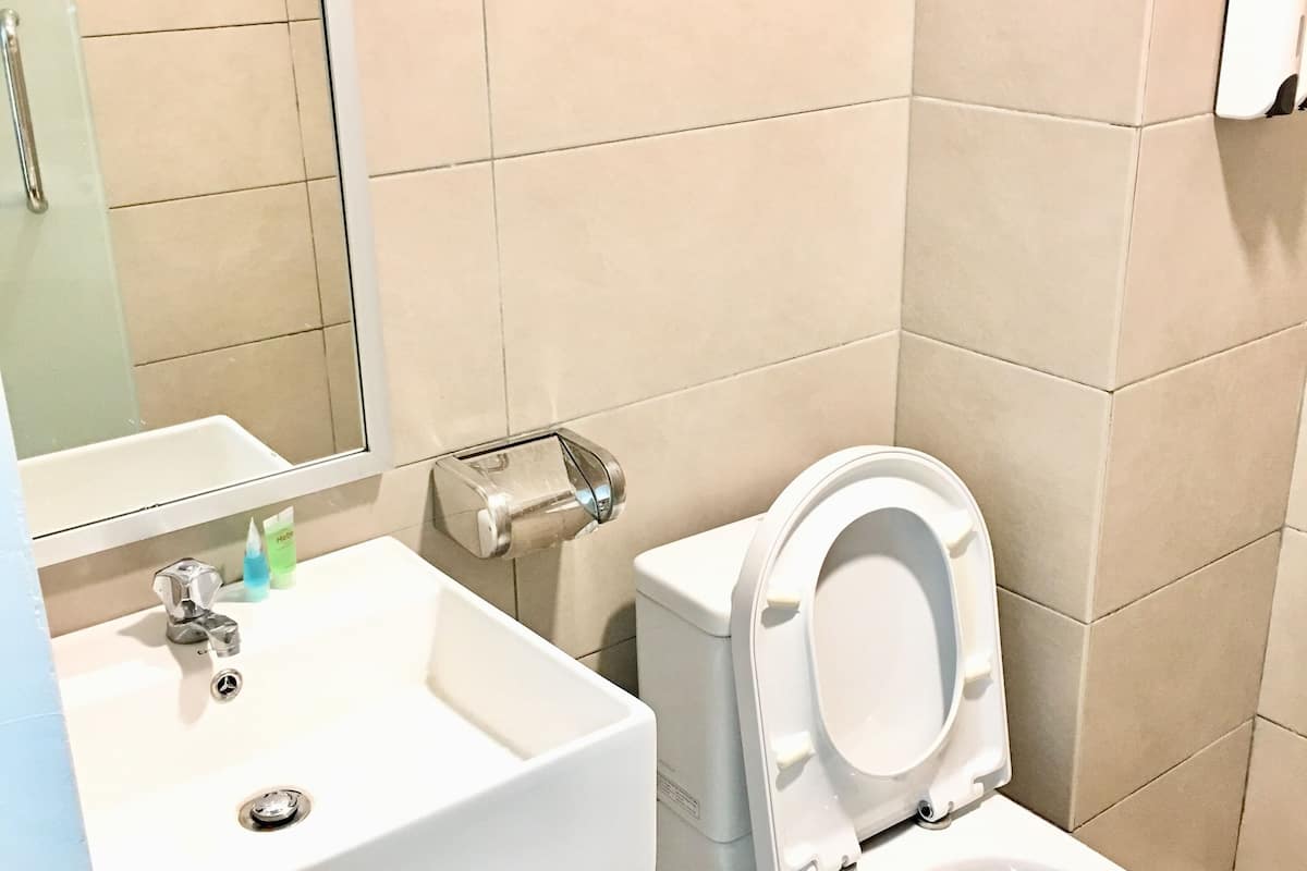 shower, hair dryer, slippers, towels