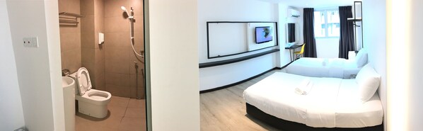 A hotel room with a shower, toilet, bed, TV, and a desk with a chair.