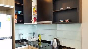 Fridge, microwave, oven, electric kettle